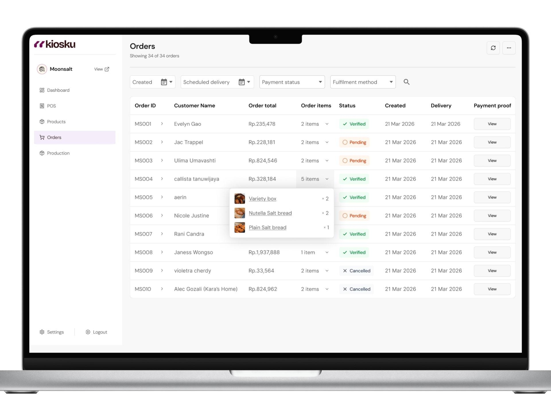 Kiosku orders dashboard
